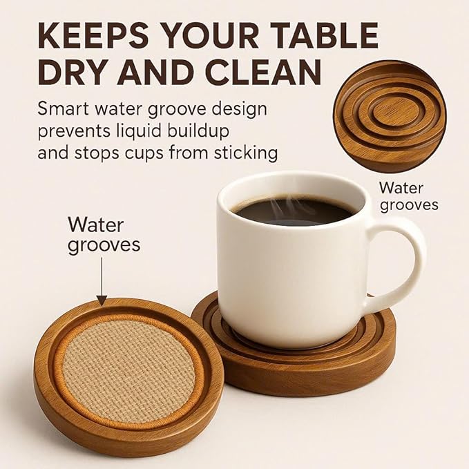 Wooden Coasters Set of 6 with Holder (3.9") – Rustic Acacia Drink Coasters with Water Groove & Non-Slip EVA Base – Gift-Ready for Coffee Table, Bar & Kitchen Decor