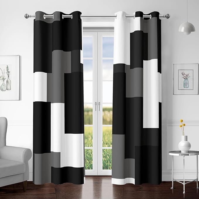 Black Grey 100% Blackout Curtains for Bedroom 72 inch Length 2 Panels Set White Grey Modern Abstract Geometric Black Out Curtains Insulated Room Darkening Window Drapes for Living Room, 42Wx72L