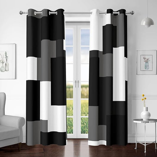 Black Grey 100% Blackout Curtains for Bedroom 84 inch Length 2 Panels Set White Grey Modern Abstract Geometric Black Out Curtains Insulated Room Darkening Window Drapes for Living Room, 42Wx84L