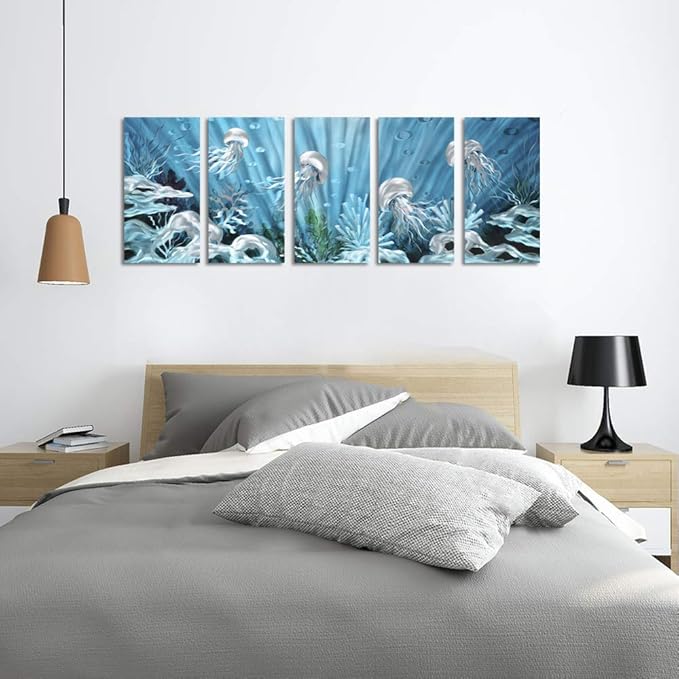Yihui Arts Blue Deep Ocean Extra Large Jellyfish Metal Wall Art, in Modern Ocean Design, 3D Wall Art for Modern and Contemporary Decor, 5-Panels, Metal Wall Decor Works Indoors and Outdoors