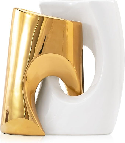 Gold and White Vases Set of 2, Ceramic Flower vase for Pampas Grass, Modern Gold Vases Home Decor, Nordic Snuggle Hollow Boho vases Table Centerpieces