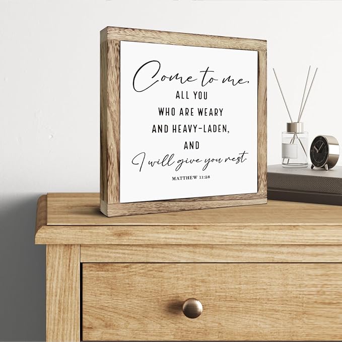 Scripture Sign, I Will Give You Rest Sign, Wooden Plaques Box Signs, Farmhouse Table Decor, Home Decor Accent, Inspirational and Reassuring Wood Sign, Matthew 11:28 Sign, Bible Verse Sign