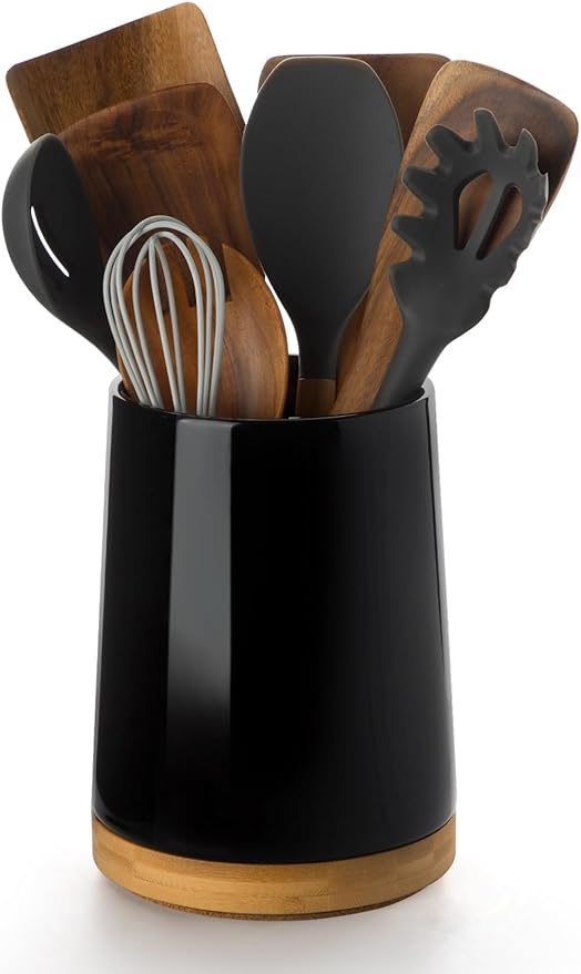 Nucookery 360° Rotating Utensils Holder, 8.2" Extra High Large Ceramic Kitchen Utensil Holder with Countertop-Protection Cork Bottom, Top Gathering Kitchen Decor for Counter (Black)
