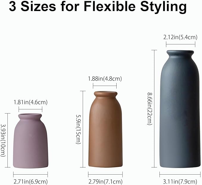 Ceramic Vase Set of 3, Farmhouse Rustic Decorative Vase for Home Decor, Modern Glazed Vase, Table Centerpiece for Living Room, Shelf, Bedroom, Kitchen (Black Purple)