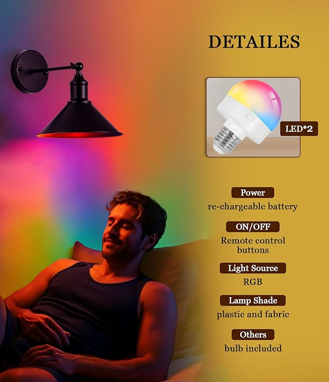 Rechargeable Battery Operated Wall Sconces Set of 2, RGB 15 Color Dimmable Wireless LED Wall Sconce, Includes Bulb and Remote Control, Suitable for Bedroom, Farmhouse, Gallery.
