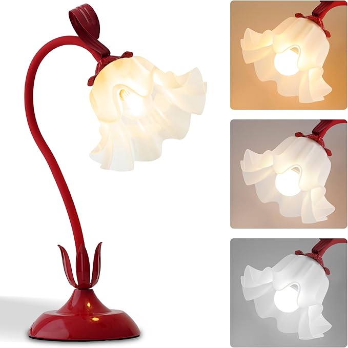 Flower Table Lamp,Bedside Table Lamp for Bedroom LED Reading Light 3 Color Modes,Vintage Flower Lamp Kawaii Table Lamps Desk Living Room Home Decor Mothers Day Birthday Gifts for Mom Women (Red lamp)