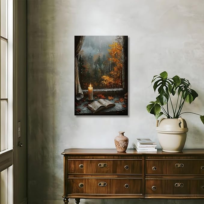 Fall Canvas Wall Art Cozy Bookish Posters Autumn Pictures Prints Moody Dark Cottagecore Academia Art Room Living Wall Decor 24x36inch Framed