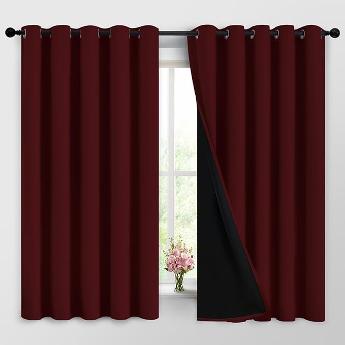 Yakamok 100% Blackout Curtains for Living Room, Noise Reducing Drapes,Thermal Insulated Blackout Curtains for Bedroom(62Wx63L, Burgundy Red, 2 Panels)