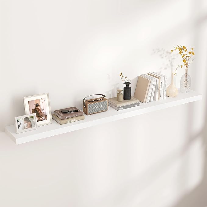 Floating Shelves for Wall, Large Wall Mounted Shelves with Invisible Brackets, Long Wood Floating Shelf for Living Room, Bedroom, Kitchen, (White, 72" W x 9" D x 1.5" H)