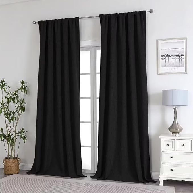 Joydeco Natural Linen Curtains 108 inch Length 2 Panels Set Burg 100% Blackout Patio Door Curtain Room Darkening Sliding Door Curtains Thermal Insulated Back tab Rod Pocket(105x108 inch, Black)