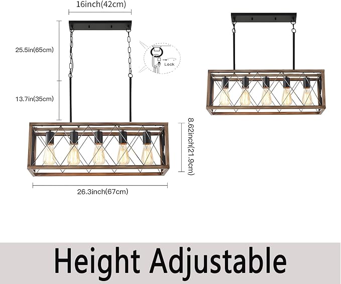 Farmhouse Light Fixtures,5-Light Dining Room Light Fixture,Height Adjustable, Industrial Metal Kitchen Pendant Lighting Over Island, Chandelier for Dining Table Kitchen Sink, Wood Grain Finish.