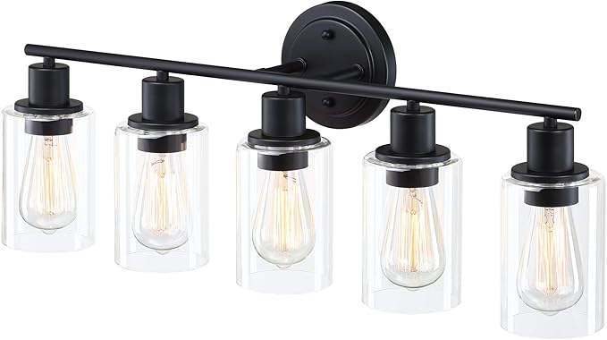 5-Light Black Bathroom Vanity Light Fixture Over Mirror - 5 Bulb Black Wall Sconce for Bathroom Bedroom Hallway Wall Mount Fixture Over Kitchen Sink