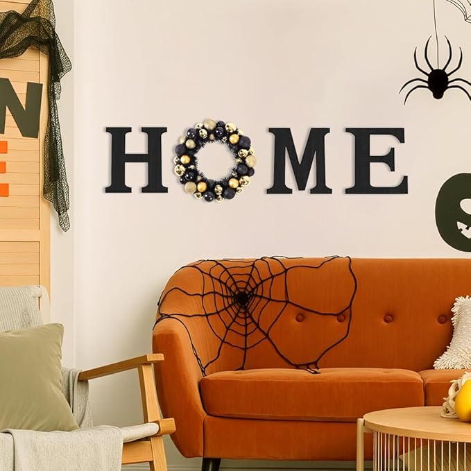 Wooden Home Sign with Artificial Halloween Wreath for O, Hanging Farmhouse Wall House Decor Wood Letters for Wall Art Rustic Home Decor Living Room Kitchen Entryway