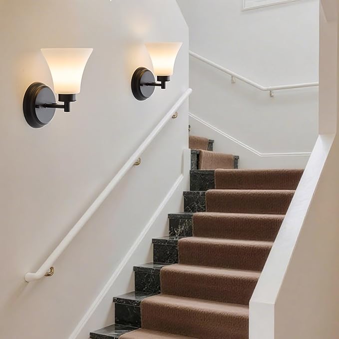 LOUSACE 2 Pack 1-Light Bathroom Vanity Lights Black Vintage Bathroom Lighting Fixtures with Opal White Glass, Set of 2 Single Vanity Wall Sconces for Side Mirror Cabinet Stairs Kitchen Living Room