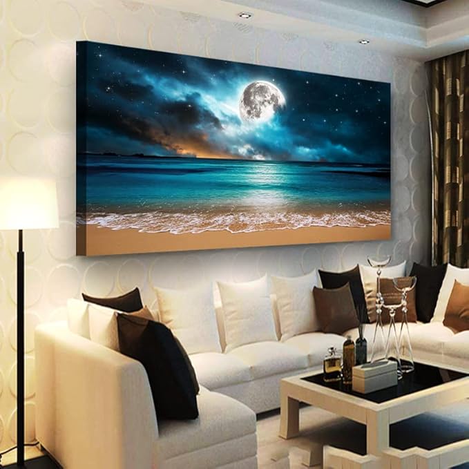 Beach Themed Wall Art Canvas Prints Seascape Picture Bathroom Décor Moon Ocean Landscape Paintings for Bedroom Dining Room Office Home Kitchen Decoration Natural Artwork 28x57 Wooden Frames