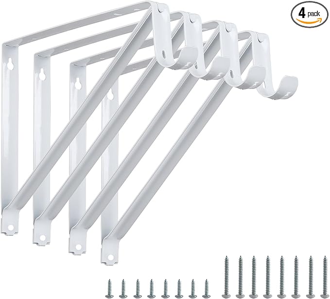 Heavy Duty Closet Rod Brackets 4 Pack, Wall Mounted Closet Shelf Bracket, 11 x 9.5 in Shelves Support Brace with Hook, White with Screws, HOME MASTER HARDWARE