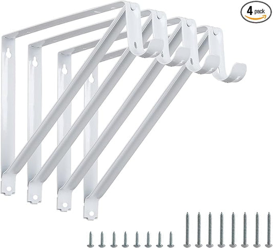 Heavy Duty Closet Rod Brackets 4 Pack, Wall Mounted Closet Shelf Bracket, 11 x 9.5 in Shelves Support Brace with Hook, White with Screws, HOME MASTER HARDWARE