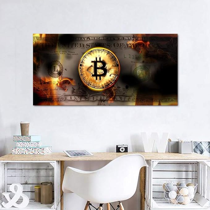 Modern Inspirational Framed Posters Bitcoin and Dollars USD Money Wall Art Creative Wall Picture Burning Bitcoin and Bill Artwork for Living Room Bedroom Classroom Decor Framed Ready to Hang-32"Wx16"H