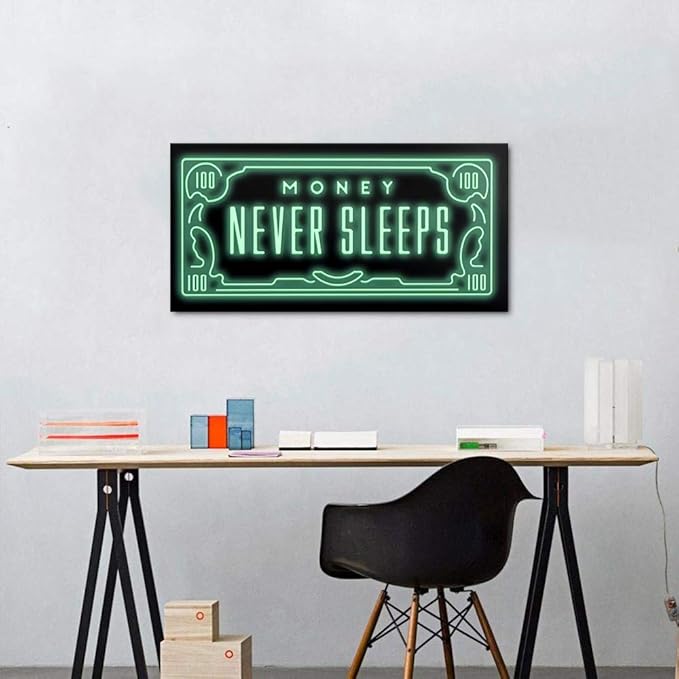 Framed Inspirational Office Wall Art, Money Posters Green 100 Dollar Artwork Money Never Sleeps Quote Wall Decor Motivational Picture for Modern Home Workplace Decorations - 32 x 16 in