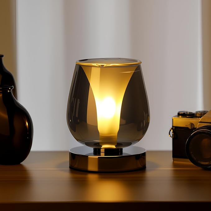Small Touch Bedside Table Lamp, Modern Small Lamps for Bedroom Living Room Nightstand, Desk lamp with Smoky Grey Glass Lampshade, 4 x 4 x 5 inch Accent Night Light for Dining Room and Office