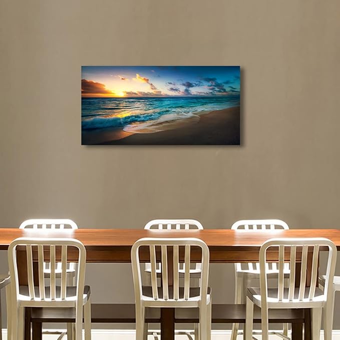 Beach Pictures Wall Art Canvas Prints Seascape Themed Decor for Home Sea Ocean Sunset Paintings for Living Room Bathroom Wall Decorations Natural Landscape Artwork Wooden Picture Frames Hanging Easy
