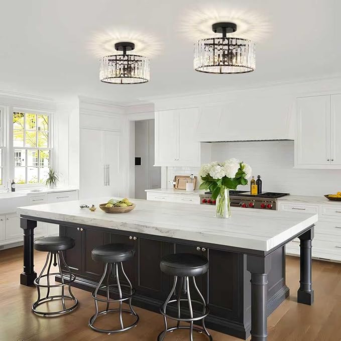 TOULMJ Crystal Ceiling Light, 3-Light Semi Flush Mount Ceiling Lighting Fixture, Black Round Hallway Light Fixtures for Kitchen Entryway Bedroom Laundry Room