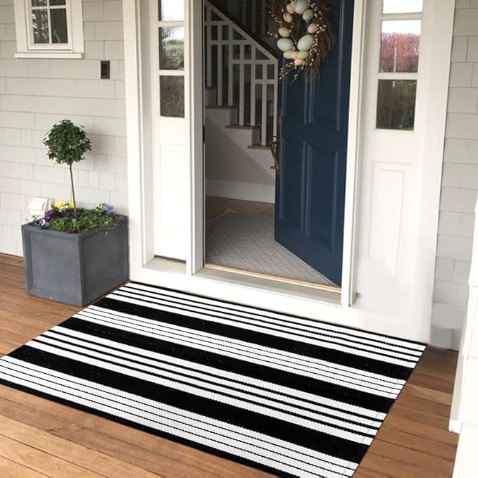 OJIA Black & White Outdoor Rug 3x5 Cotton Hand-Woven Fall Striped Porch Rugs Machine Washable Entry Rug Indoor Outdoor Area Rug Front Door Rug Floor Mat for Farmhouse/Living Room/Home Entrance