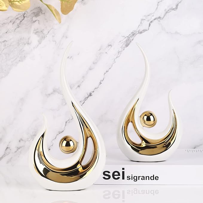 LCCCK White Gold Abstract Figurine Statues for Home Decor – Modern Ceramic Sculpture Accent, Decorative Statues for Living Room, Shelf, TV Stand, Office or Coffee Table Centerpiece Art Decoration