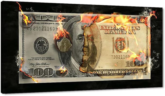 Large Canvas Money Artwork for Home Walls Flame Burning 100 Money Wall Art Creative Wall Pictures for Office Abstract Money Art Print Farmhouse Bathroom Bar Wall Decor Gallery Wrapped-48"Wx24"H