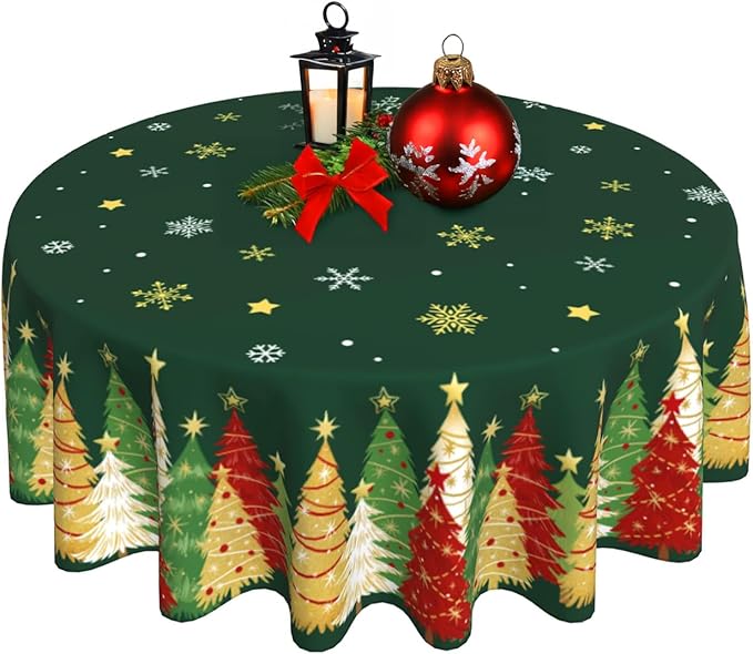 Christmas Round Tablecloth 60x60 Inch Xmas Snowflakes Trees Table Cover Holiday Decorations Seasonal Decor for Home Kitchen Dining Room Picnic Party Winter Green
