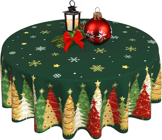 Christmas Round Tablecloth 60x60 Inch Xmas Snowflakes Trees Table Cover Holiday Decorations Seasonal Decor for Home Kitchen Dining Room Picnic Party Winter Green