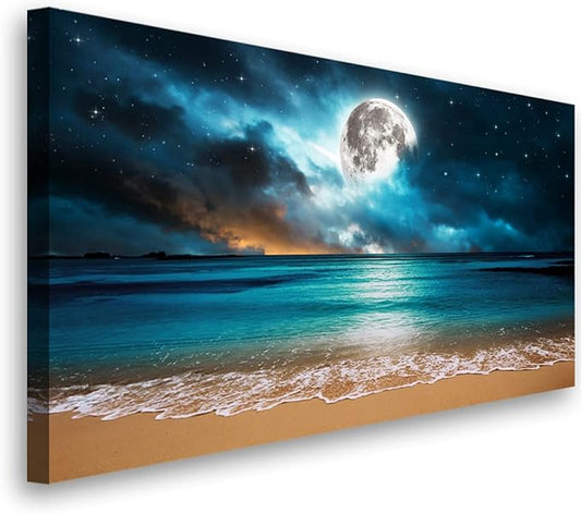 Beach Wall Art Canvas Prints Moon Ocean Landscape Picture Home Decor Natural Seascape Paintings for Living room Bathroom Bedroom Office Kitchen Decorations Modern Artwork Wood Framed 20x40inches
