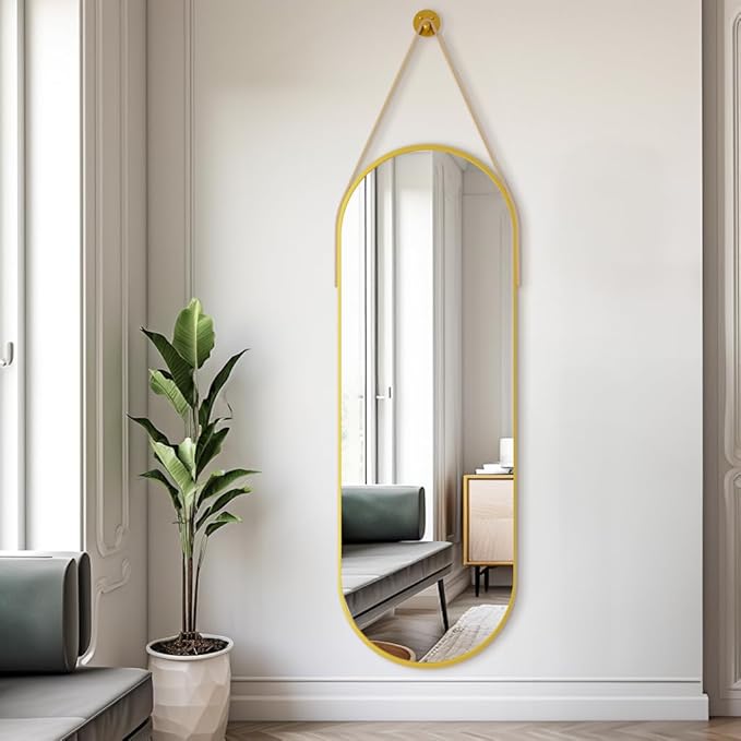 16"x48" Oval Full Length Mirror with Leather Strap Hanging Mirror with Aluminum Frame, Oval Gold Wall-Mounted Mirrors for Living Room Bedroom Entryway Décor, Gold