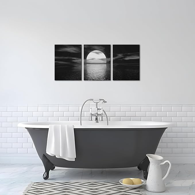 SkenoArt 3 Piece Black and White Bathroom Canvas Wall Decor Ocean Under Moonlight Painting Print Full Moon Seascape Picture Artwork for Home Bedroom Living Room Wall Decor Easy to Hang 12"x16"x3 PCS