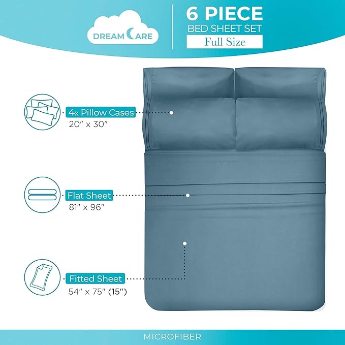 DREAMCARE Full Size Sheets Set - 6 Pcs Deep Pocket Cooling Bed Sheets - Soft, Long Lasting 100% Brushed Microfiber with Side Pocket (Mineral Blue, Full)