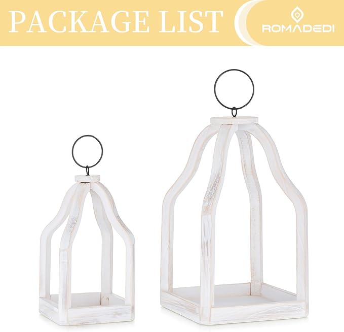 Romadedi Farmhouse Decorative Lantern Wooden - Set of 2 Rustic Wood Lanterns Candle Holder for Wedding Table Centerpieces Indoor Outdoor Fireplace Mantle Home Decor, Whitewashed