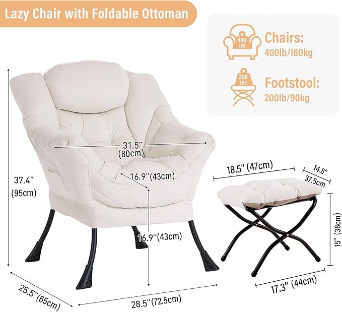 Lazy Chair with Ottoman, Modern Chair with Folding Footrest, Lounge Accent Chair, Comfortable Reading Chair, Oversized Armchairs for Bedroom, Study, Living Room, Courtyard (Beige)