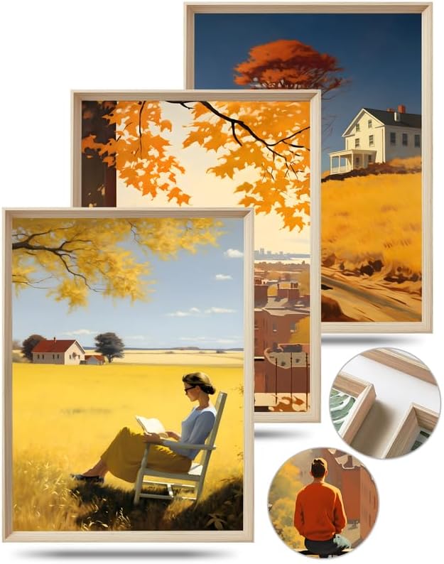 UPWOIGH Framed Wall Art, Edward Hopper Wood Canvas Wall Art,Autumn decor,12"x16" Cotton Pattern Vintage Poster Wall Decor Aesthetic for Living Room Bedroom,Set of 3,Accessories
