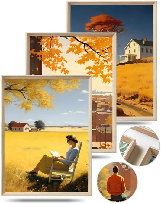 UPWOIGH Framed Wall Art, Edward Hopper Wood Canvas Wall Art,Autumn decor,12"x16" Cotton Pattern Vintage Poster Wall Decor Aesthetic for Living Room Bedroom,Set of 3,Accessories