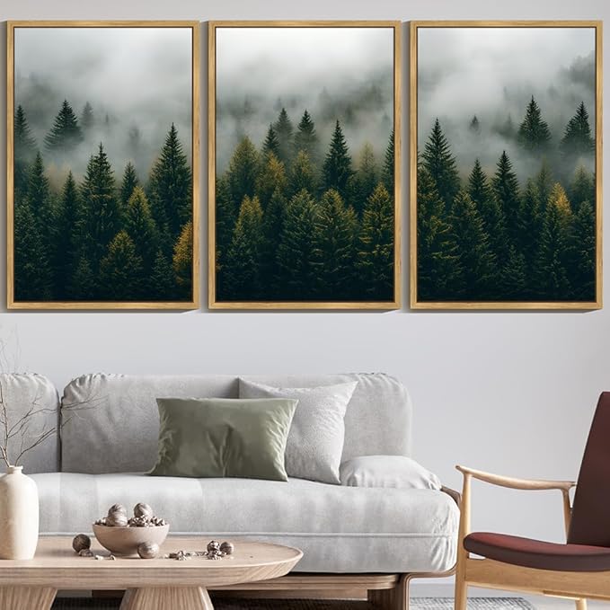 KUVIOKE Green Fog Pine Tree Landscape Framed Wall Art Nature Nordic Misty Forests Prints Morden Farmhouse Bedroom Living Room Ready to Hang 24x36in (Natural Framed)