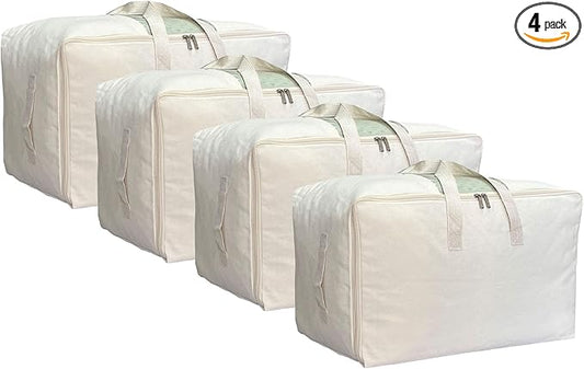 Soft Large Canvas Storage Bags with Zipper and Clear Window, Cotton Linen Storage Organizer for Pillows, Quilt, Blankets and Comforter, 80L, 4 Pack, Beige