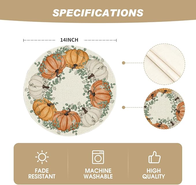 Artoid Mode Orange Pumpkins Eucalyptus Leaves Round Fall Placemats Set of 4, 14 Inch Thanksgiving Round Table Mats for Dining Decoration