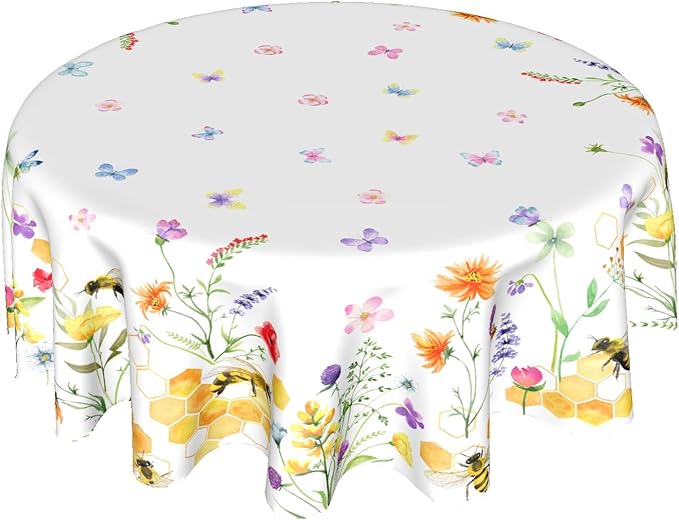 Spring Tablecloth Round 60 Inch Spring Summer Floral Tablecloth Round Cover Spring Farmhouse Wildflower Round Tablecloth Washable Table Cover for Kitchen Dining Indoor Outdoor Table Decorations