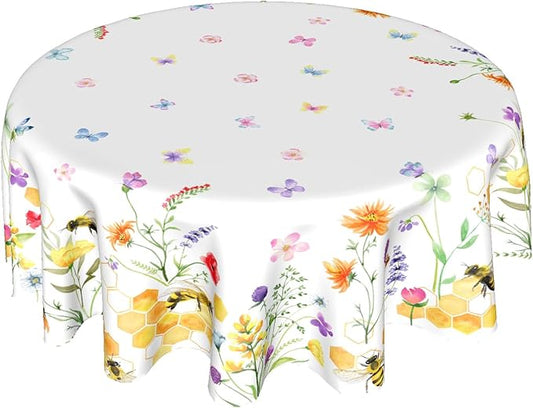 Spring Tablecloth Round 60 Inch Spring Summer Floral Tablecloth Round Cover Spring Farmhouse Wildflower Round Tablecloth Washable Table Cover for Kitchen Dining Indoor Outdoor Table Decorations