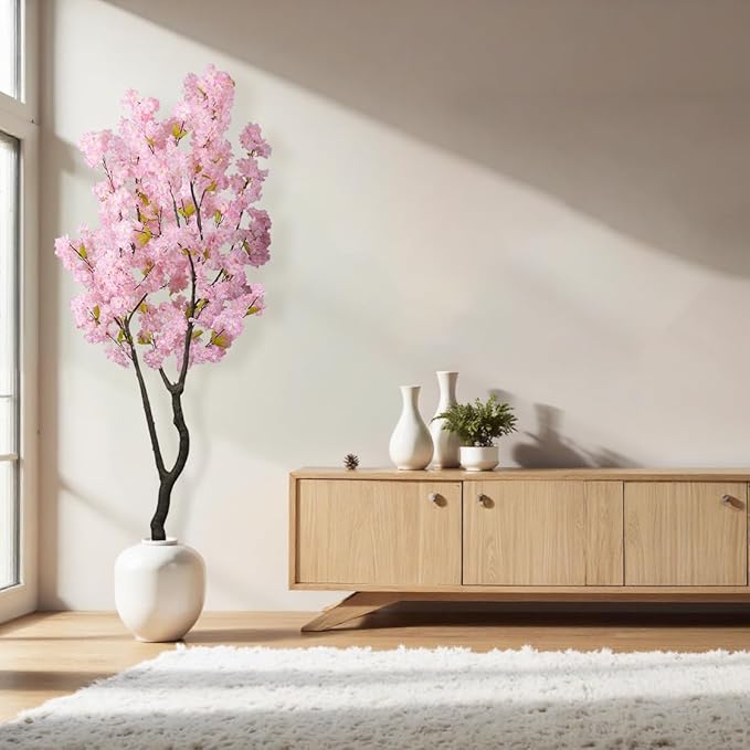 Artificial Pink Cherry Blossom Tree 6.5ft(78in) Faux Japanese Sakura Indoor Decor Handmade Natural Fake Cherry Flowers Tree for Home Realistic Pink Plant in Pot for Living Room,Office,Outdoor Decor