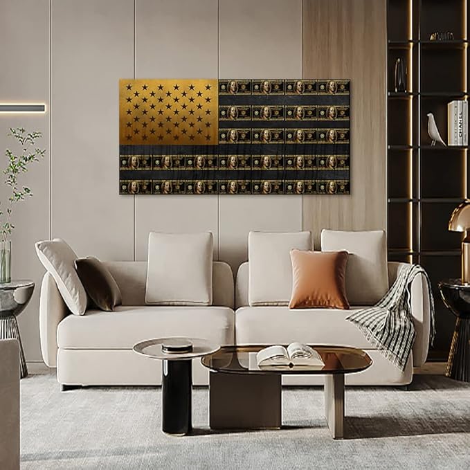 Large Artwork for Wall Abstract American Flag Made Up of Dollars Office Artwork Motivational Office Wall Art Work HD Print Creative Art Print for Bathroom Coffee Shop Gift Choice Framed Art-48 Wx24 H