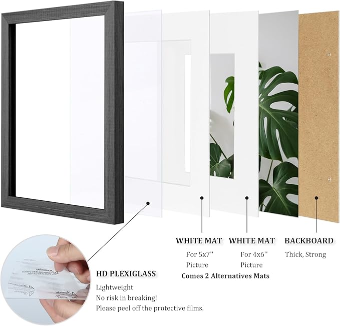 Egofine 8x10 Picture Frames Set of 4, Made of Solid Wood Covered by Plexiglass 4x6 and 5x7 with Mat or 8x10 without Mat, for Table Top Display and Wall Mounting Photo Frame Rustic Black