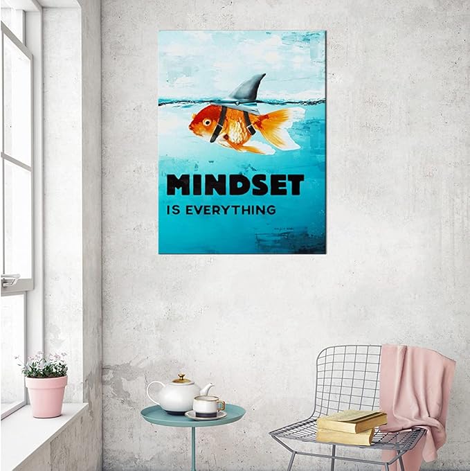 Inspirational Canvas Wall Art Mindset is Everything Goldfish Shark Print Artwork Motivational Poster Office Wall Decoration Wooden Frame Holiday Gift Ready to Hang[30″W X 40′'H]