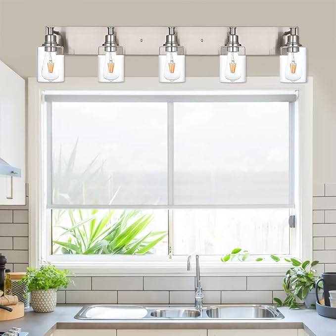 5-Light Vanity Light Fixture in Brushed Nickel, Clear Glass Bathroom Light Over Mirror, Modern Wall Sconce Lighting for Living Room