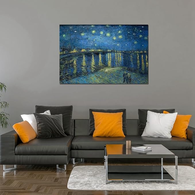 QBQT Starry Night Over the Rhone by Van Gogh Modern Bathroom Kitchen Decor Blue Artwork Abstract Landscape Picture Canvas Prints Wall Art for Home Office Decor 12x18inch Framed